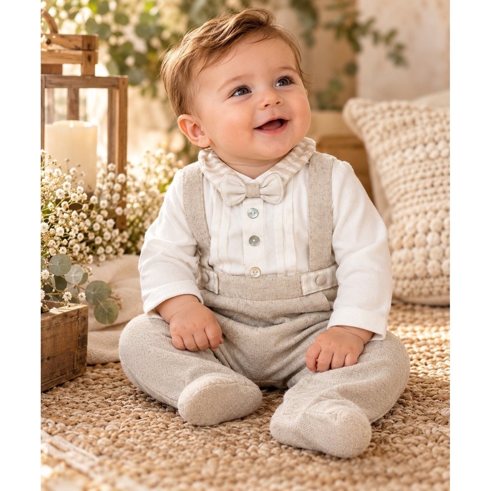 Mymio Baby Boy 3M 62cm Formal Tuxedo Footed Romper Bow Tie Beige Cotton Blend